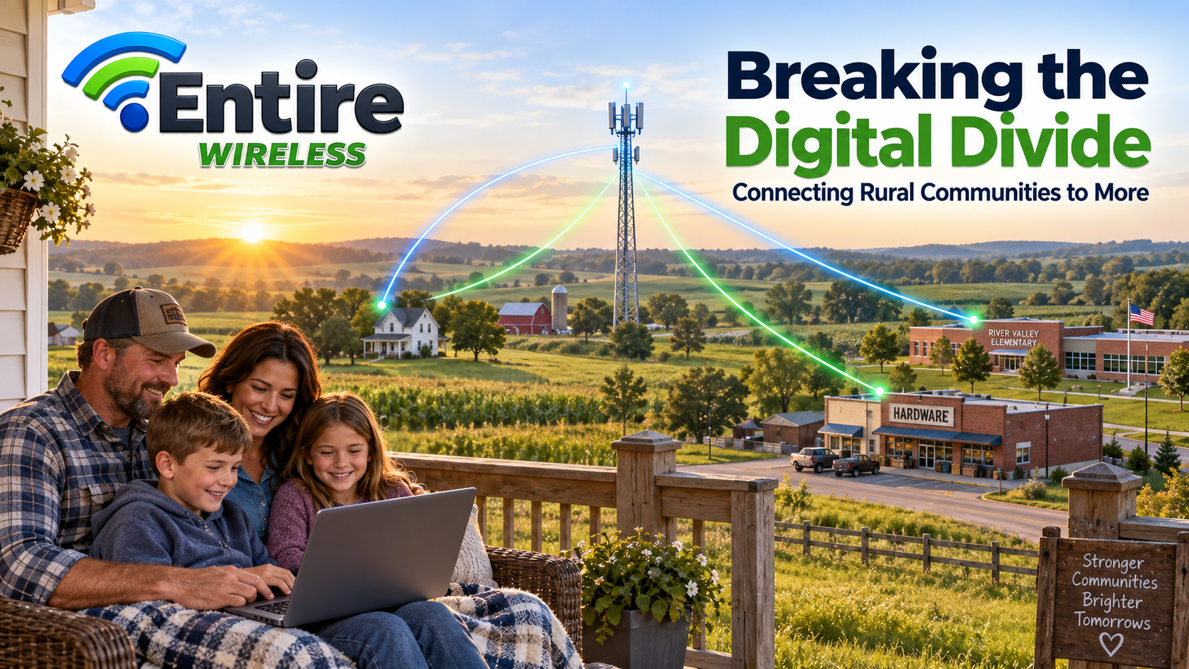An Entire Wireless fixed-wireless tower connecting a rural family, school, business, and surrounding community to broadband internet.