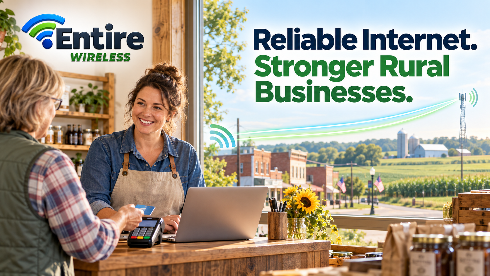 An Entire Wireless connection supporting a rural small-business owner using a laptop and payment terminal.