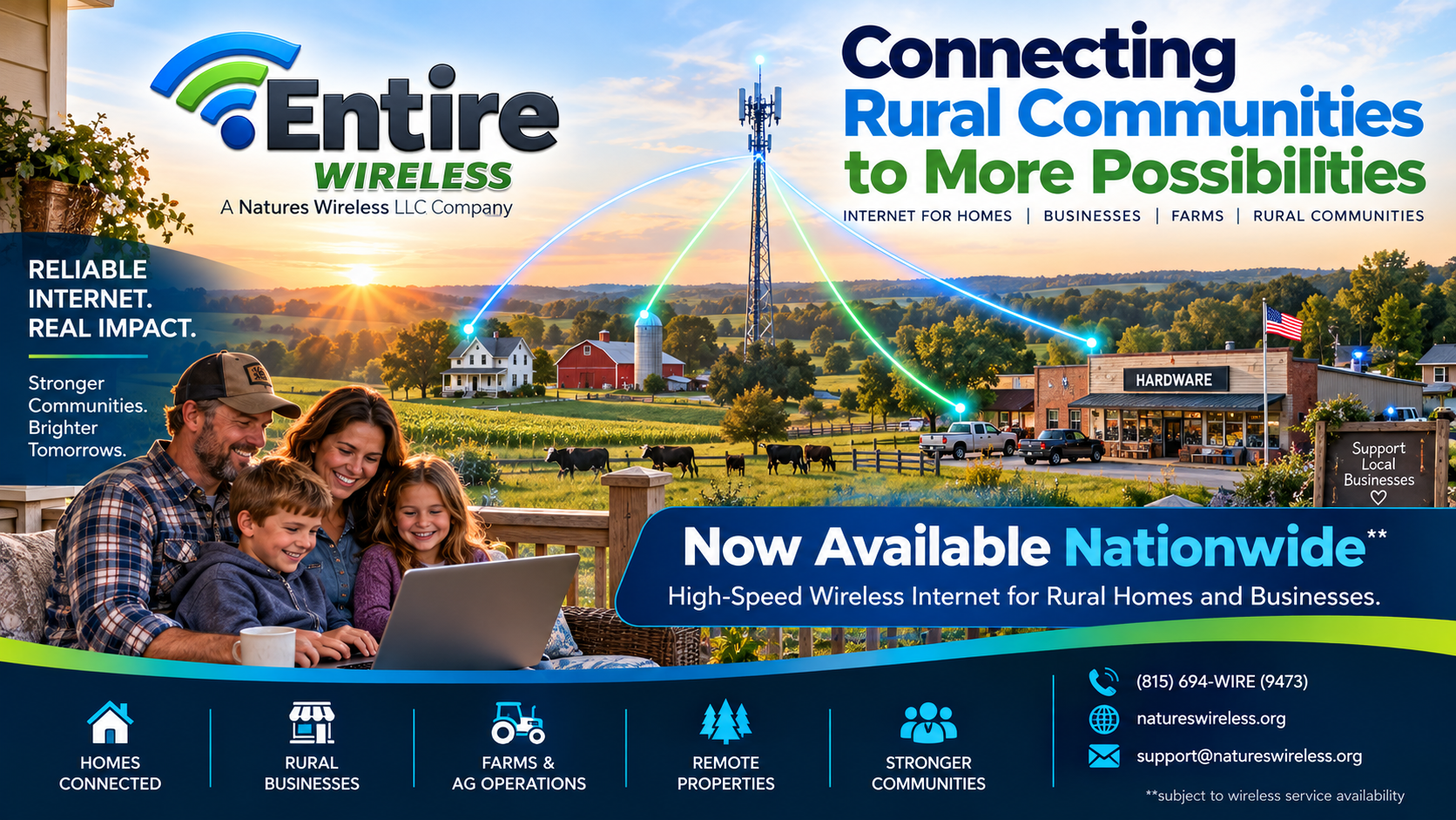 Entire Wireless providing wireless internet for rural homes, businesses, farms, and remote communities nationwide.