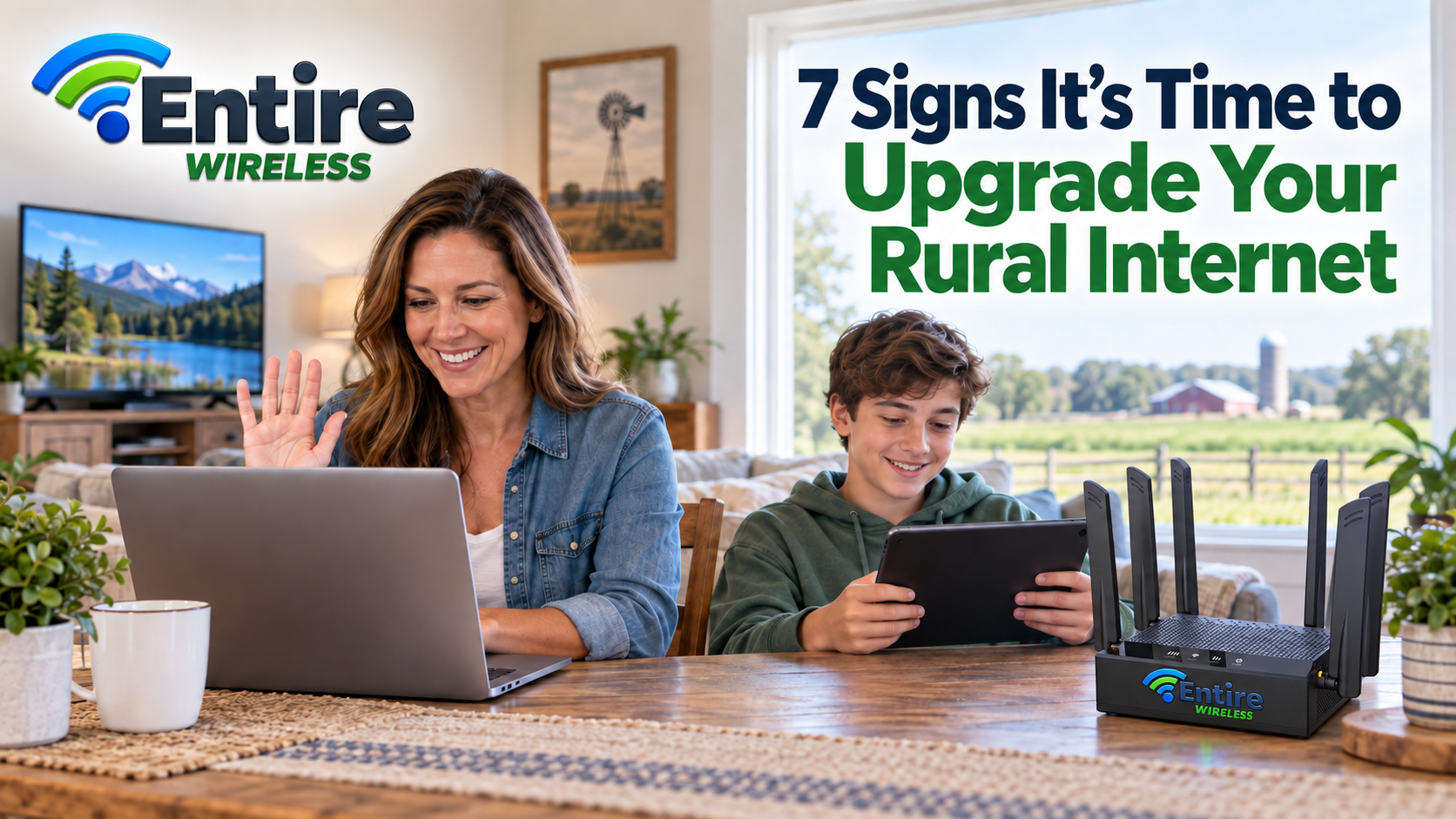 A rural family using a laptop and tablet beside an Entire Wireless internet router at home.