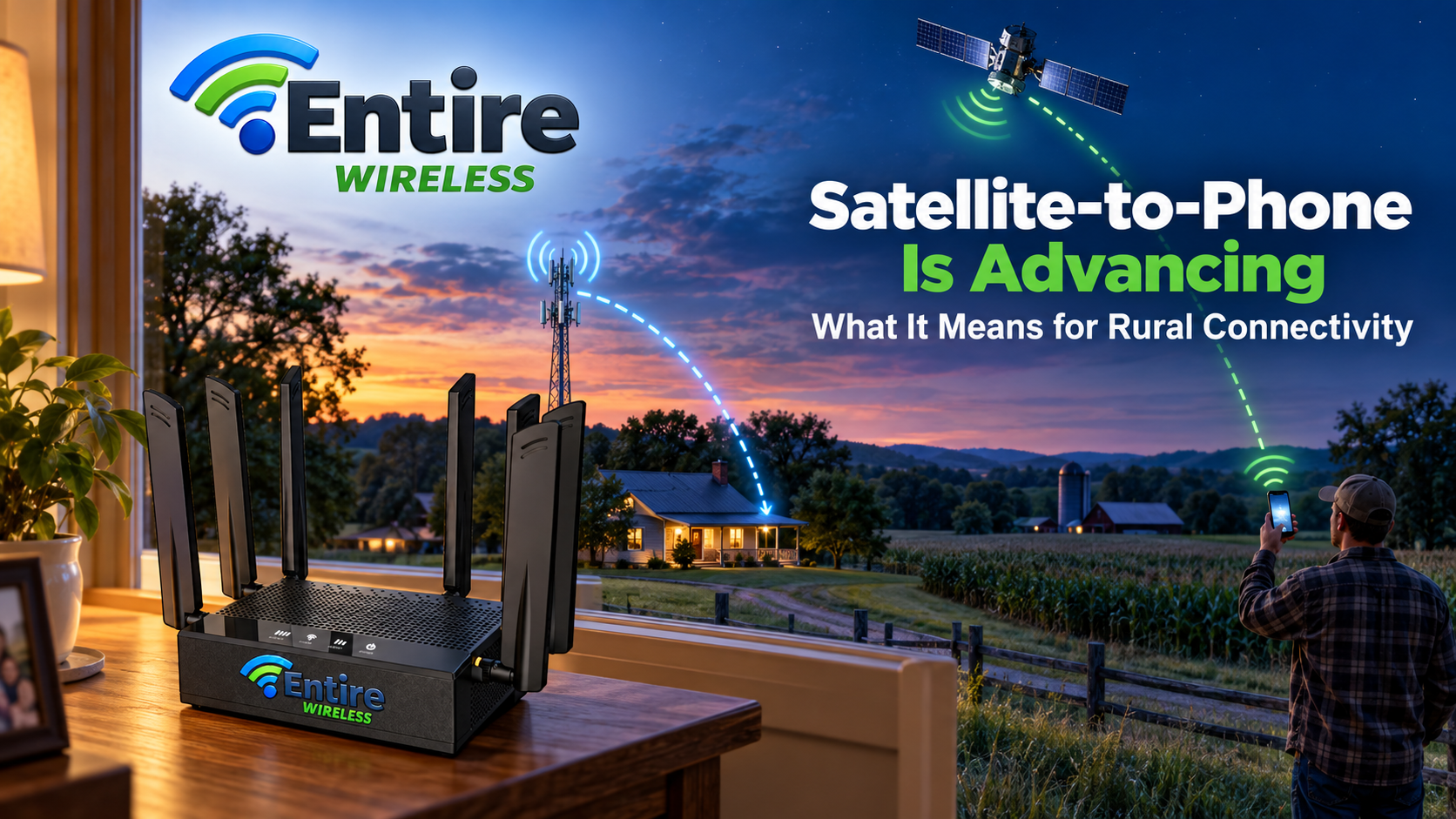 An Entire Wireless modem, rural wireless tower, and communications satellite illustrating terrestrial and satellite connectivity.