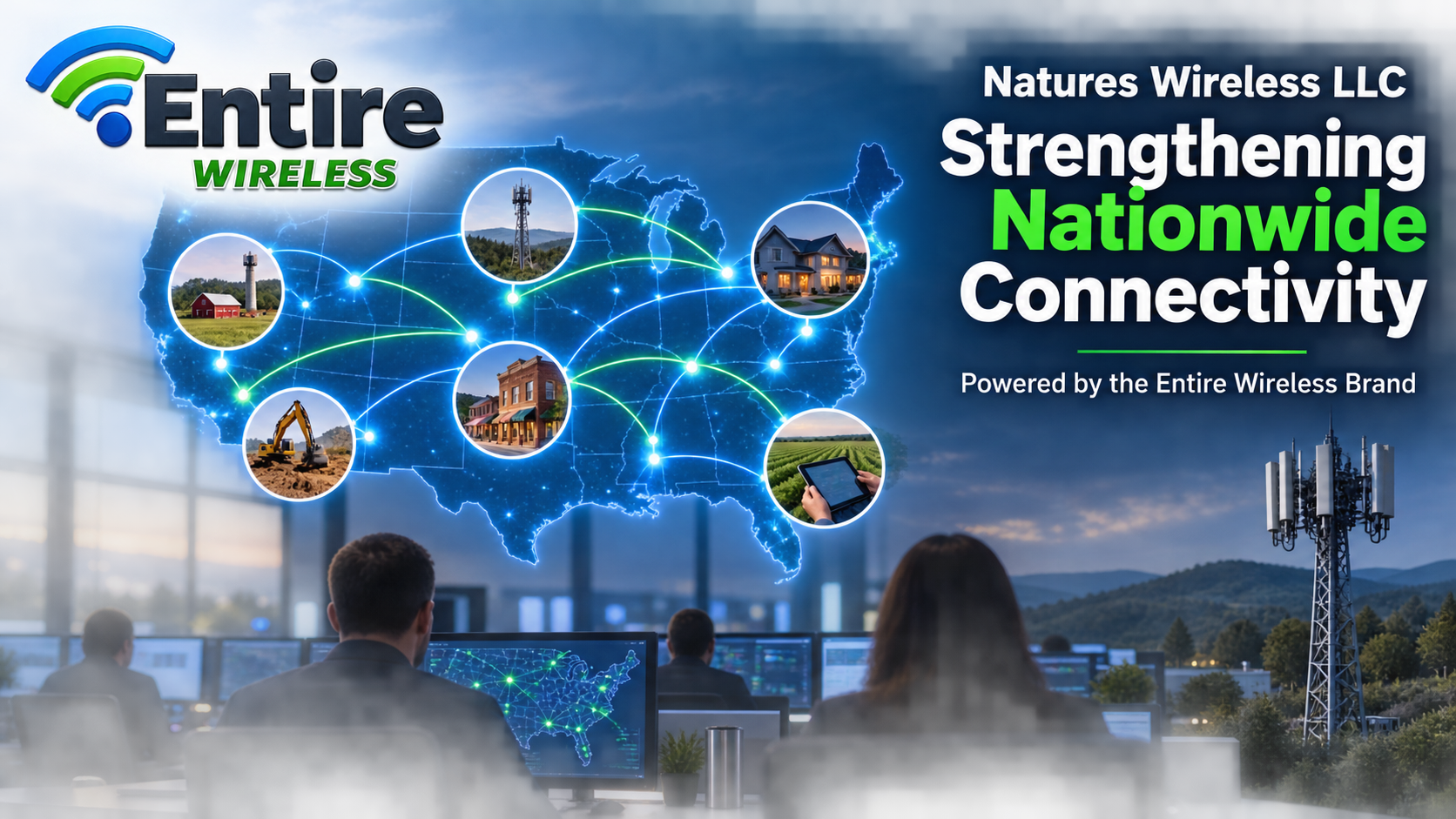 Natures Wireless LLC and Entire Wireless nationwide connectivity network linking homes, farms, businesses, worksites, and tablets across the United States.