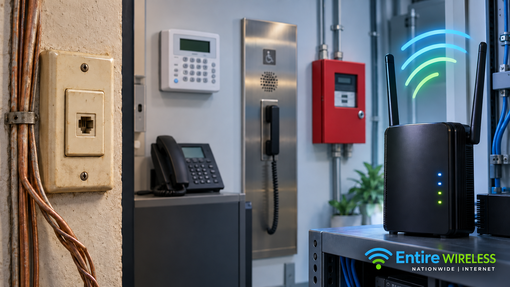 Aging copper POTS telephone lines transitioning to modern Entire Wireless business connectivity for alarm, elevator, and communication systems.